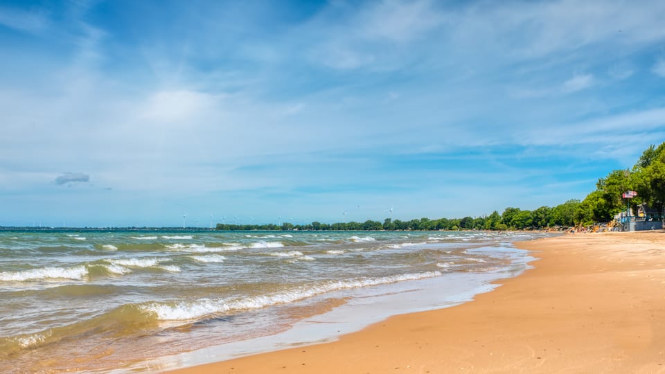 The private beach at The Long Beach Resort on Lake Erie