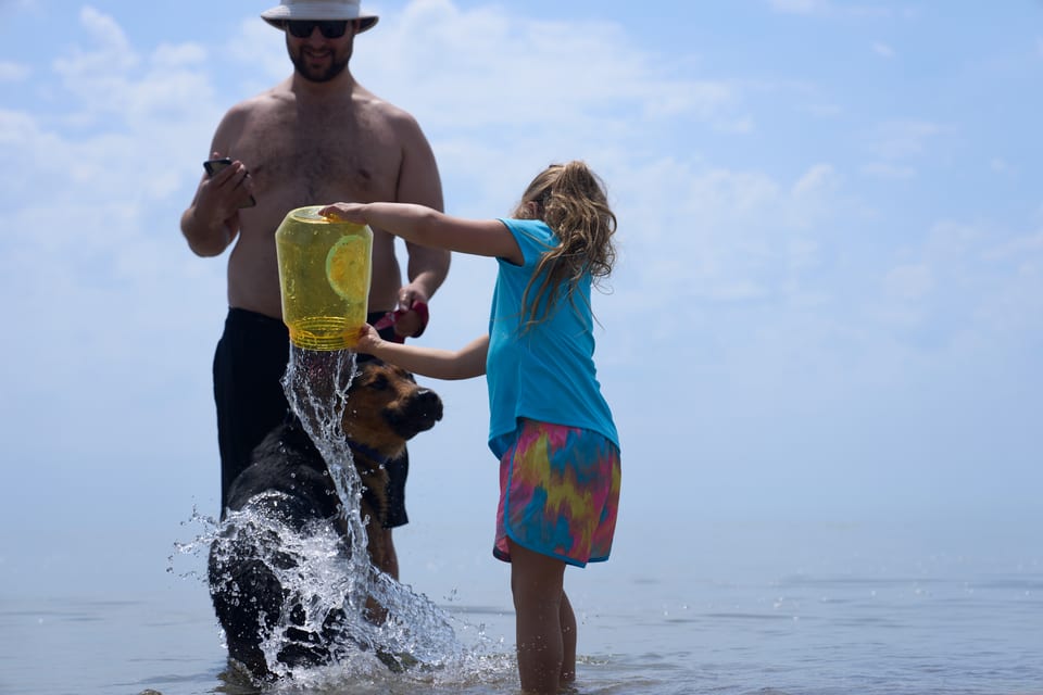 Family splashing in the shallow water at Long Beach