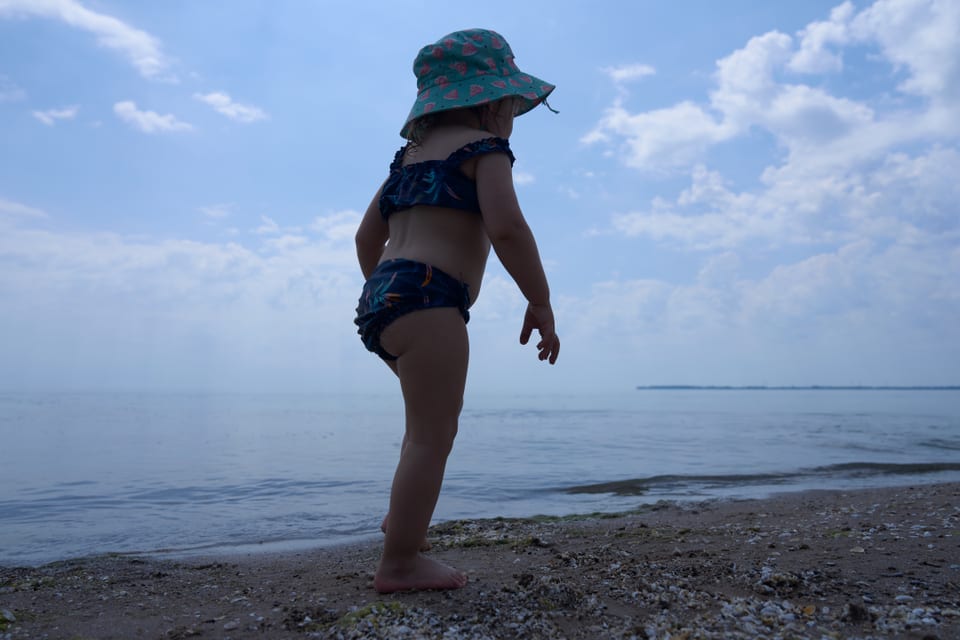 A toddler paddling in the shallow water at Long Beach