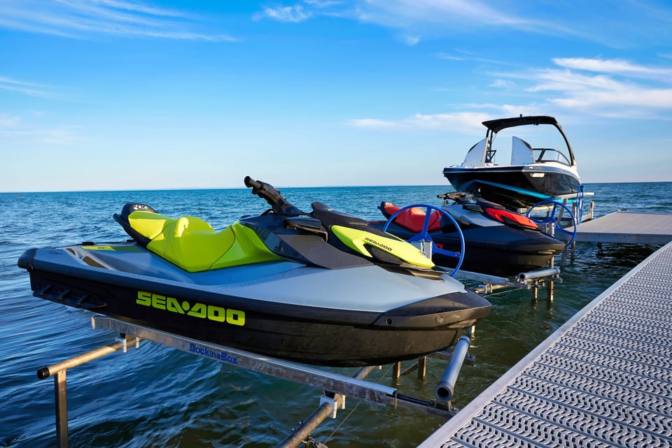 A Sea-Doo on the water in front of The Long Beach Resort